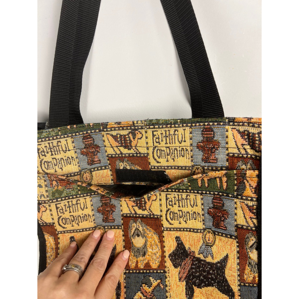 Yuhong Tapestry Tote Bag w/ Coin Purse Tan/Black Dog Print. Faithful Companion - Picture 6 of 7